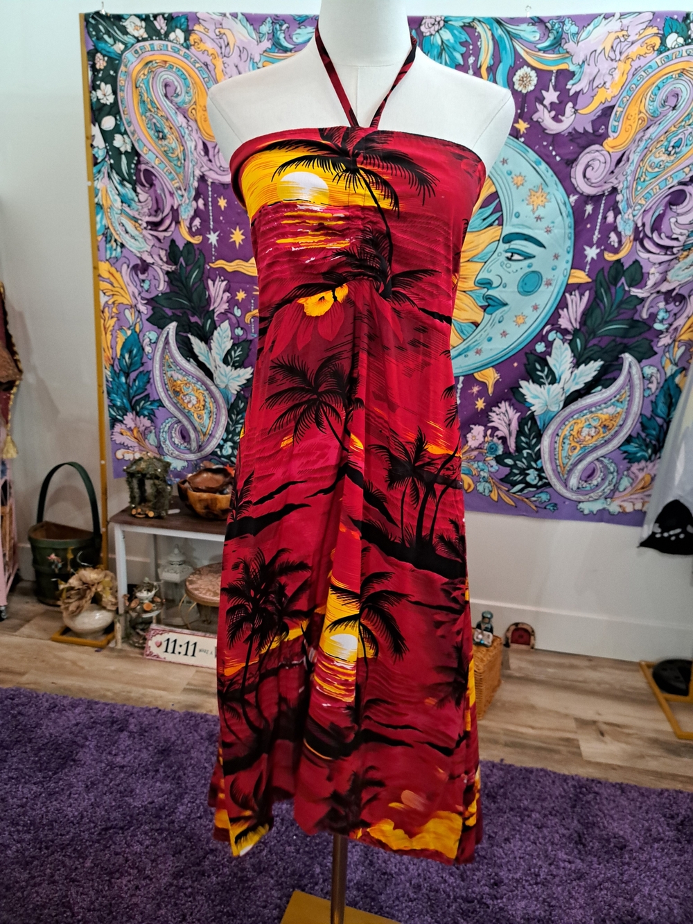 Sunset Spell Tropical Halter Dress | Red Palm Print Maxi Dress XL